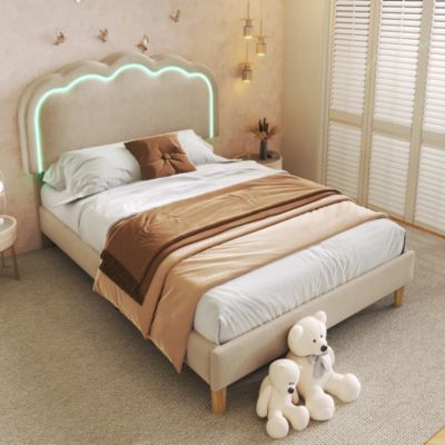Lit simple 90x190 cm - Lit capitonné avec tête de lit LED réglable - Lin - Sans Matelas - Beige