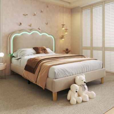 Lit simple 90x190 cm - Lit capitonné avec tête de lit LED réglable - Lin - Sans Matelas - Beige