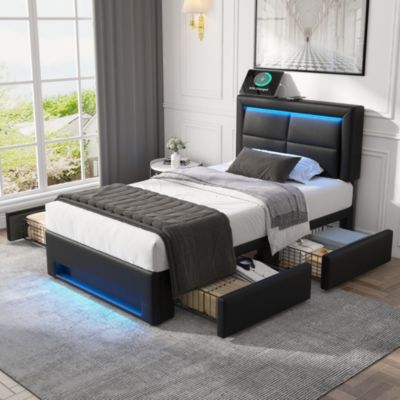Lit Simple 90x190 cm - Lit Coffre avec 4 Tiroirs et Éclairage LED - Lit Capitonné PU - Noir - Sans Matelas