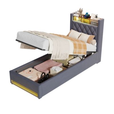 Lit simple 90x190 cm rembourré gris avec tête de lit LED intégrée et espace de rangement, sans matelas