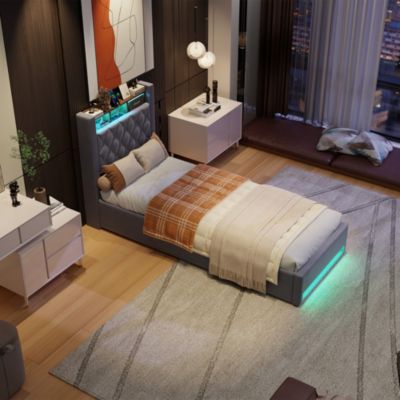 Lit simple 90x190 cm rembourré gris avec tête de lit LED intégrée et espace de rangement, sans matelas