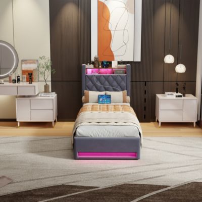 Lit simple 90x190 cm rembourré gris avec tête de lit LED intégrée et espace de rangement, sans matelas