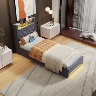 Lit simple 90x190 cm rembourré gris avec tête de lit LED intégrée et espace de rangement, sans matelas