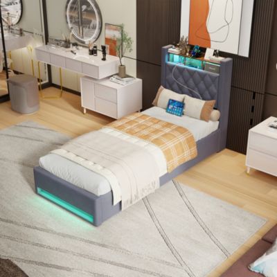 Lit simple 90x190 cm rembourré gris avec tête de lit LED intégrée et espace de rangement, sans matelas