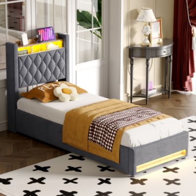 Lit simple 90x190 cm rembourré gris avec tête de lit LED intégrée et espace de rangement, sans matelas