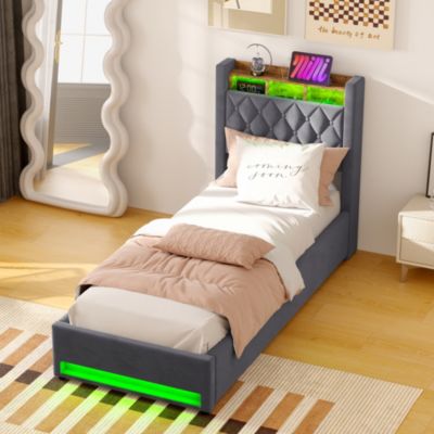 Lit simple 90x190 cm rembourré gris avec tête de lit LED intégrée et espace de rangement, sans matelas