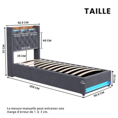 Lit simple 90x190 cm rembourré gris avec tête de lit LED intégrée et espace de rangement, sans matelas