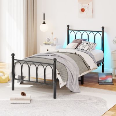 Lit Simple 90x200 cm - Lit Métal Ado avec Éclairage LED et Ports USB, Barres Acier Renforcées, Sans Matelas - Métal Noir