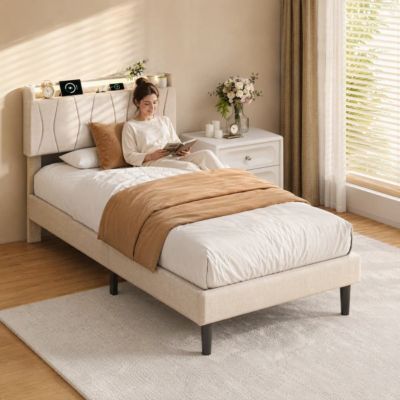 Lit simple 90x200 lin beige tête rembourrée LED, USB-C, sommier lattes, cadre moderne sans coffre