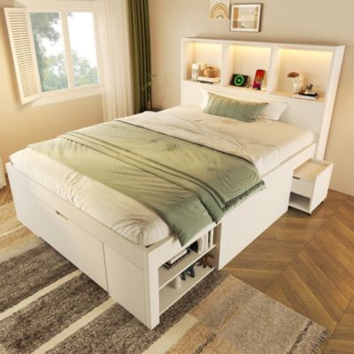 Lit simple 90x200cm - LED - USB-C - rangements - table de chevet mobile - blanc (matelas non inclus)