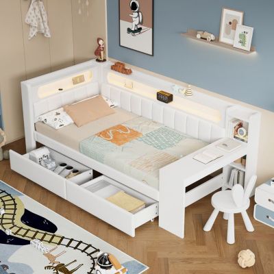 Lit simple avec LED - Blanc - Lin/MDF - Bureau + 2 tiroirs - 90x200 cm ...