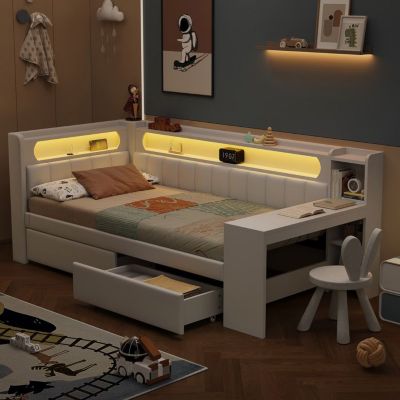 Lit simple avec LED - Blanc - Lin/MDF - Bureau + 2 tiroirs - 90x200 cm ...