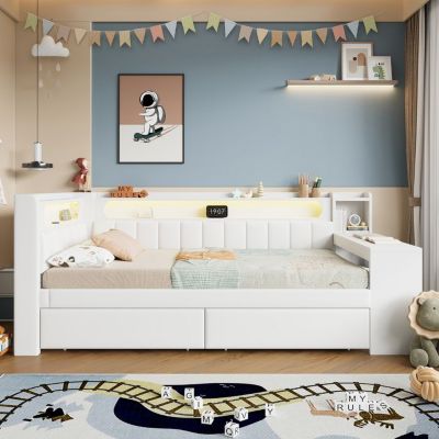 Lit simple avec LED - Blanc - Lin/MDF - Bureau + 2 tiroirs - 90x200 cm ...