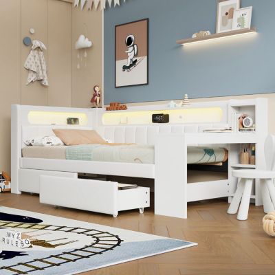 Lit simple avec LED - Blanc - Lin/MDF - Bureau + 2 tiroirs - 90x200 cm ...
