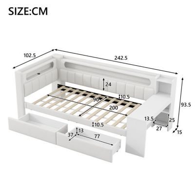Lit simple avec LED - Blanc - Lin/MDF - Bureau + 2 tiroirs - 90x200 cm ...