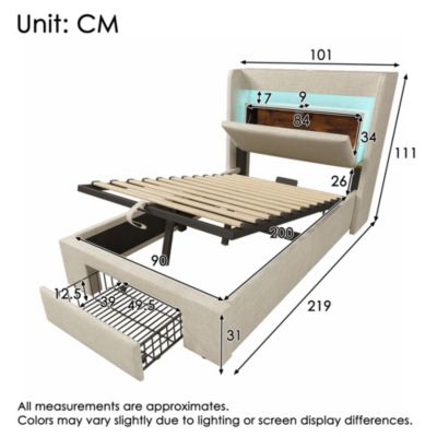 Lit simple avec LED,ports USB+type-C,tiroir,cadre de lit coffre hydraulique 90x200 cm,tête de lit avec rangement,lin,beige