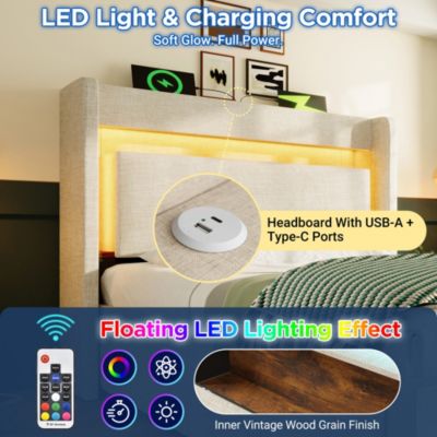 Lit simple avec LED,ports USB+type-C,tiroir,cadre de lit coffre hydraulique 90x200 cm,tête de lit avec rangement,lin,beige