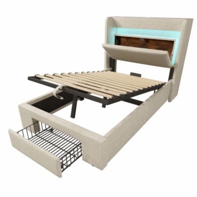 Lit simple avec LED,ports USB+type-C,tiroir,cadre de lit coffre hydraulique 90x200 cm,tête de lit avec rangement,lin,beige