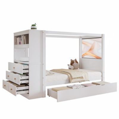 Lit simple bois pin PB blanc avec barrières armoire cinq tiroirs tiroir roulant 90 sur 200 cm