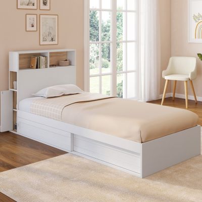 Lit simple CLEM avec rangement, tête de lit et sommier 90 x 190 cm blanc et hêtre