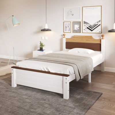 Lit simple en bois - cadres en pin avec tête de lit en colour-blocking et sommier à lattes - lit en MDF blanc 90x200cm