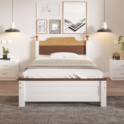 Lit simple en bois - cadres en pin avec tête de lit en colour-blocking et sommier à lattes - lit en MDF blanc 90x200cm