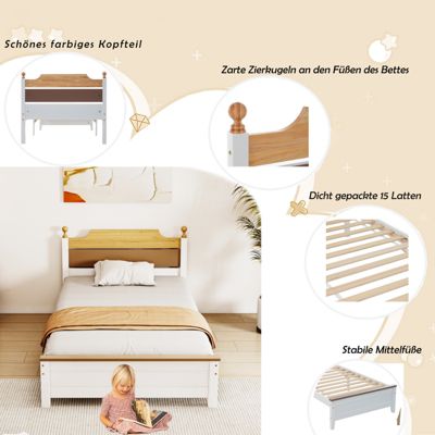 Lit simple en bois - cadres en pin avec tête de lit en colour-blocking et sommier à lattes - lit en MDF blanc 90x200cm