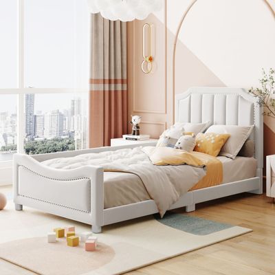 Lit Simple Enfant 90x200 cm Rembourré en Flanelle, Lit Plat avec Entourage Latéral, Sommier à Lattes et Tête de Lit, Beige