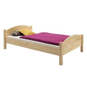 Lit simple FLIMS 100 x 200 cm lit pour enfant en pin massif vernis naturel, avec tête et pied de lit arrondi