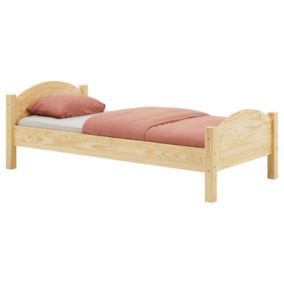 Lit simple FLIMS 90 x 190 cm pour enfant, avec tête et pieds de lit arrondi, en pin massif finition naturelle