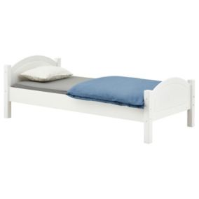 Lit simple FLIMS 90 x 200 cm lit pour enfant en pin massif lasuré blanc, avec tête et pied de lit arrondi