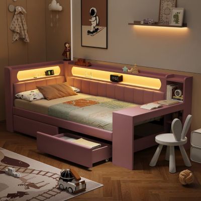 Lit simple LED avec bureau et 2 tiroirs - Rose - 90x200 cm | Castorama