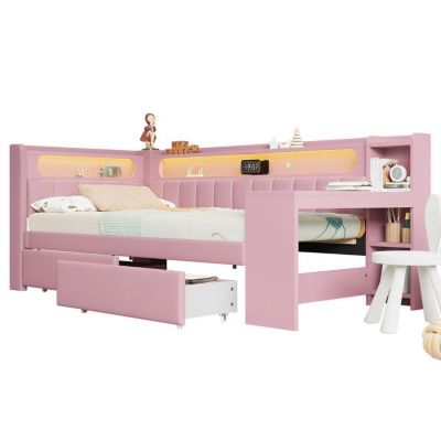 Lit simple LED avec bureau et 2 tiroirs - Rose - 90x200 cm | Castorama