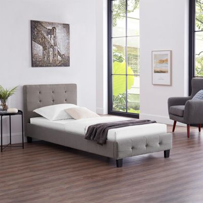 Lit simple pour adulte ou enfant REVE avec sommier 90x190 cm 1 place/1 personne, tête et pied de lit capitonnés, en tissu gris