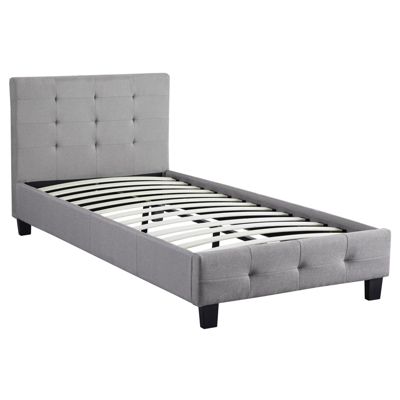 Lit simple pour adulte ou enfant REVE avec sommier 90x190 cm 1 place/1 personne, tête et pied de lit capitonnés, en tissu gris