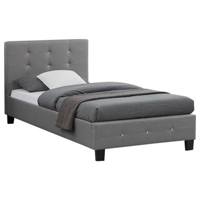 Lit simple pour adulte ou enfant TICO avec sommier 90x190 cm 1 place, tête et pied de lit capitonnés avec strass, en tissu gris