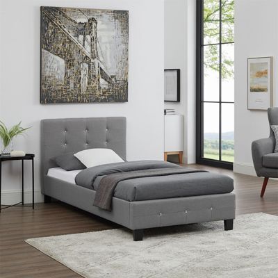 Lit simple pour adulte ou enfant TICO avec sommier 90x190 cm 1 place, tête et pied de lit capitonnés avec strass, en tissu gris