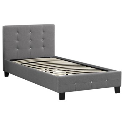 Lit simple pour adulte ou enfant TICO avec sommier 90x190 cm 1 place, tête et pied de lit capitonnés avec strass, en tissu gris