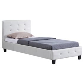 Lit simple pour adulte ou enfant TICO avec sommier 90x190 cm 1 place, tête et pied de lit capitonnés avec strass synthétique blanc