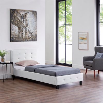 Lit simple pour adulte ou enfant TICO avec sommier 90x190 cm 1 place, tête et pied de lit capitonnés avec strass synthétique blanc