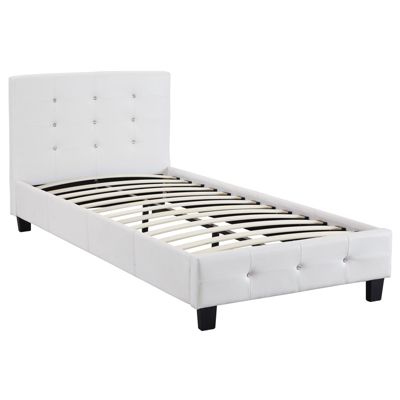 Lit simple pour adulte ou enfant TICO avec sommier 90x190 cm 1 place, tête et pied de lit capitonnés avec strass synthétique blanc