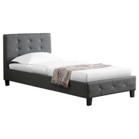 Lit simple pour adulte ou enfant TICO avec sommier 90x190 cm 1 place, tête et pied de lit capitonnés avec strass, synthétique gris