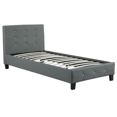 Lit simple pour adulte ou enfant TICO avec sommier 90x190 cm 1 place, tête et pied de lit capitonnés avec strass, synthétique gris