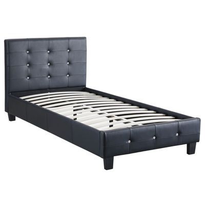 Lit simple pour adulte ou enfant TICO avec sommier 90x190 cm 1 place, tête et pied de lit capitonnés avec strass, synthétique noir