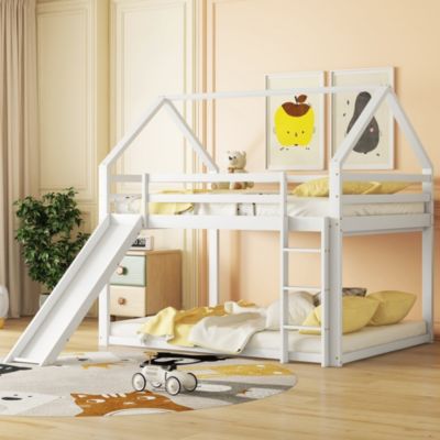 Lit Superposé 140 x 200 cm - Lit enfant avec Toboggan et Échelle - Pin + MDF - Sans Matelas - Blanc