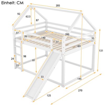 Lit Superposé 140 x 200 cm - Lit enfant avec Toboggan et Échelle - Pin + MDF - Sans Matelas - Blanc