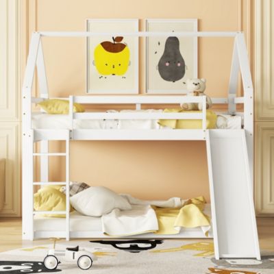 Lit Superposé 140 x 200 cm - Lit enfant avec Toboggan et Échelle - Pin + MDF - Sans Matelas - Blanc