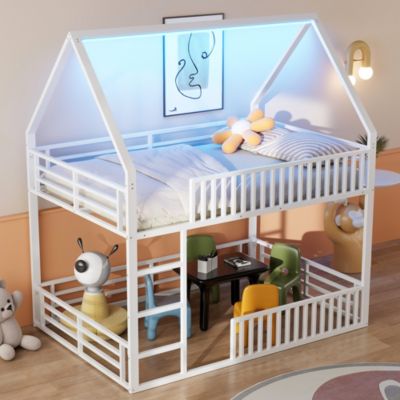 Lit superposé 140x200 cm - Lit double avec design cabane et barrières - Métal - Sans matelas - Blanc
