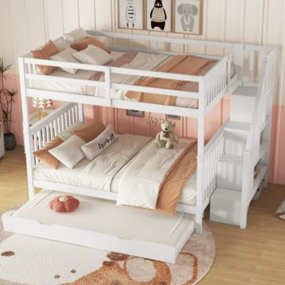 Lit Superposé 140x200 cm - Lit Superposé enfant avec Lit Gigogne et Étagères - Bois de Pin et MDF - Blanc - Sans Matelas