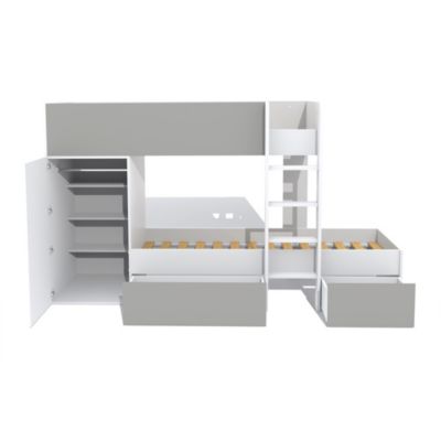 Lit superposé 90x190 avec armoire et tiroirs TWEEL Gris et Blanc incl. 2 sommiers